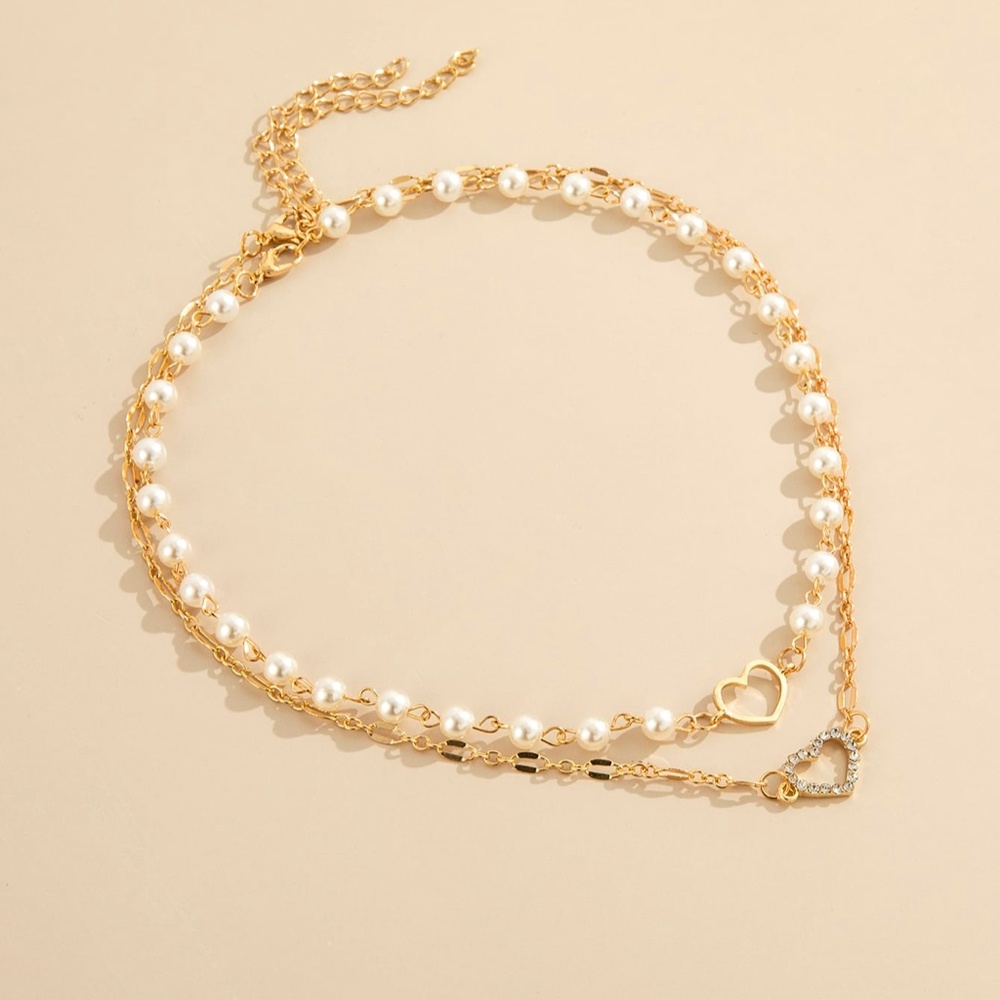 Boho Gold Tone Multilayer Faux Pearl Heart Necklace - Picture 2 of 4